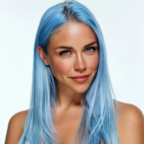30 years old Latina woman, light blue hair, fair skin, subtle makeup, natural eyebrows