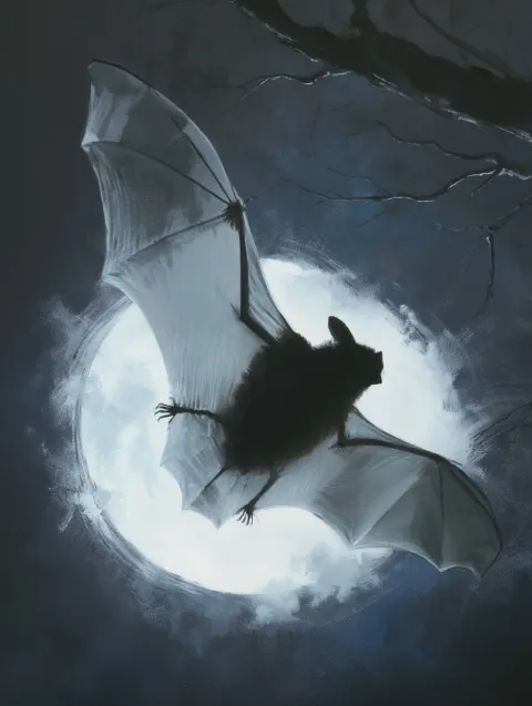 Skeletal feet gripping tightly to branches, wings outstretched against a full moon