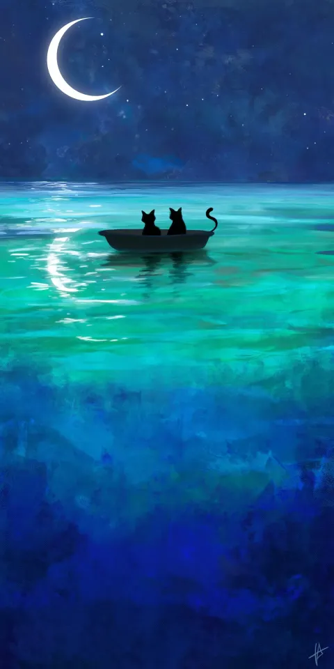 Digital painting style. Silhouettes of two tiny black cats nestled in a small boat gently floating o