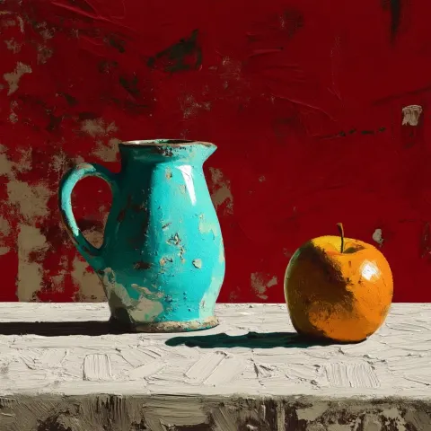 Still life, simple rustic ceramic pitcher in worn turquoise and pale celeste tones