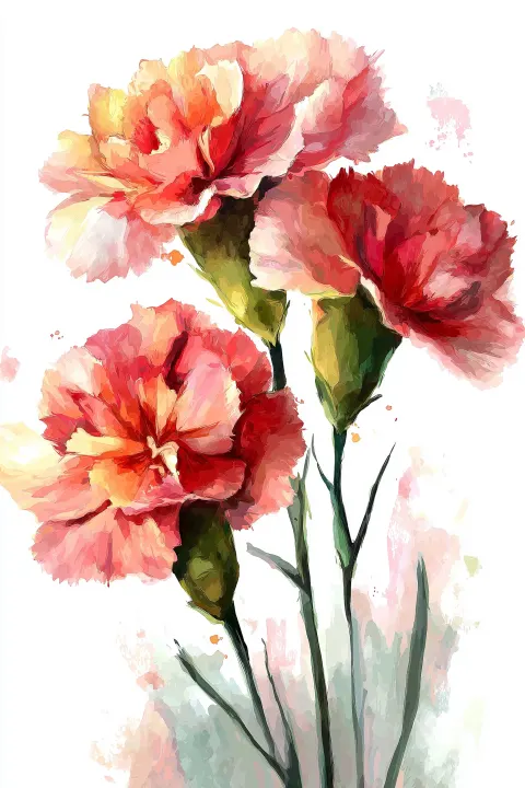 Watercolor illustration of January birth flower carnations soft pink, red