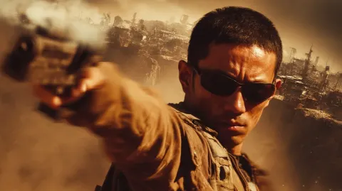 Post-Apocalyptic Rider Firing a Blaster