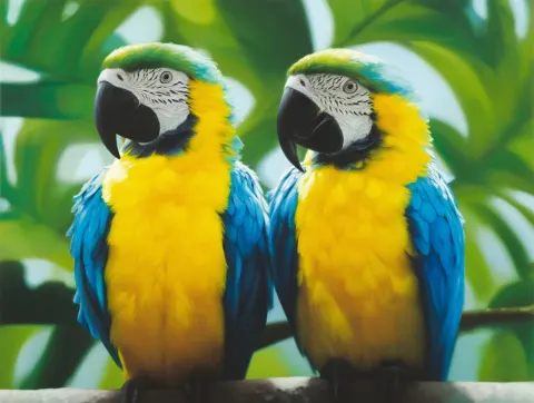 A vibrant wildlife illustration features a pair of Blue-and-yellow Macaws perched side-by-side on a