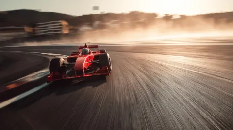 A red Formula racing car taking a fast corner on a modern track