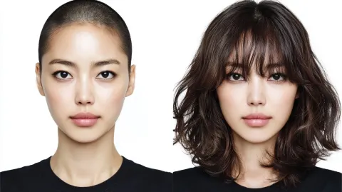 2 split. passport photo same Korean actress with black T-shirt. white solid background. 1 - An actre