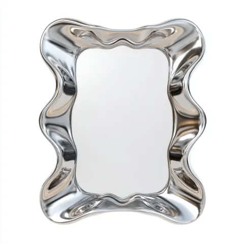 Perfect shot. Front view. Futuristic liquid-chrome framed wall mirror with a wavy