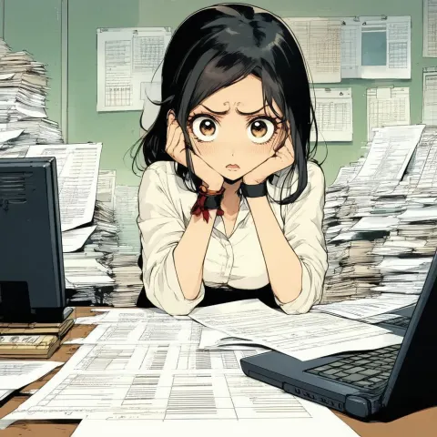 Confused Manga Bookkeeper Buried in Paperwork