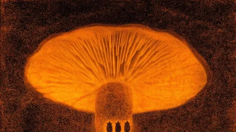 Three tiny recurring gnomes standing before a single enormous mushroom-oracle