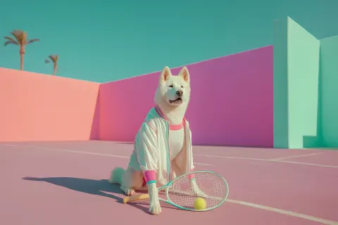 Akita dog sitting like a human, holding a retro tennis racket