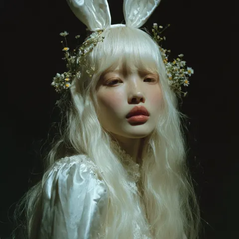 A realistic close up photo of a white woman with very long pale blonde fingerwaved and flowy hair