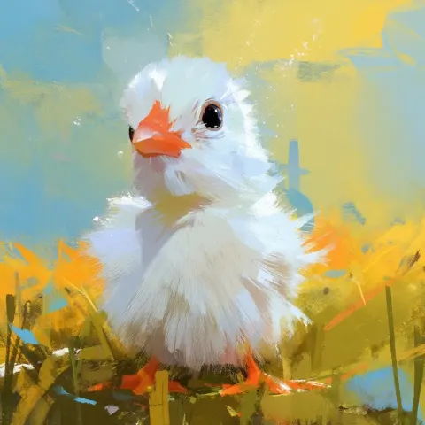 A little white baby chick doing and saying quack quack . The baby chick is at home