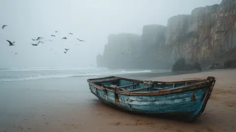 A wooden boat on the beach of gal woody, brown, and gray colors