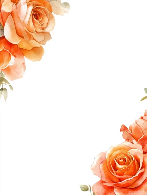 Beautiful orange rose bouquets arranged in two opposite corners (top left and bottom right)