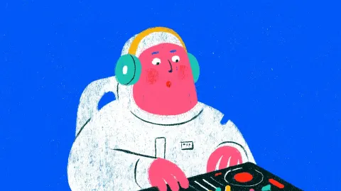 Black guy wearing astronaut helmet, suit and overhead headphone, playing a dj mixer