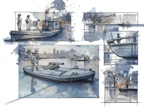 Concept sheet , Vintage storyboard rough quickstyle sketches of an anchored flat wooden barge with a
