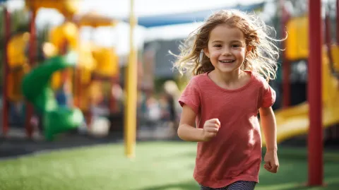 Horizontal shot of a happy 5-6 year old girl running on a modern playground, genuine smile