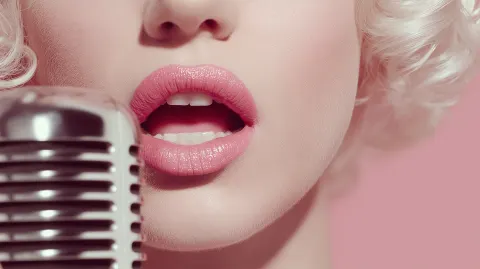 Close-up of a mouth and vintage microphone, a female with platinum blonde hair in the style of holly
