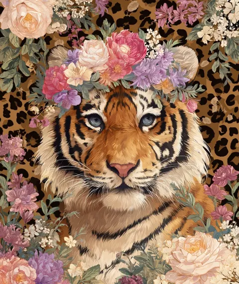 Colorful illustration of a cute tiger with a floral crown on a leopard print background