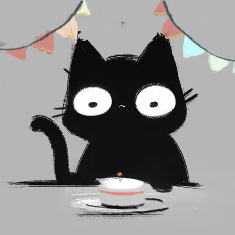 Black Devon Kitten Cartoon with a Birthday Cake
