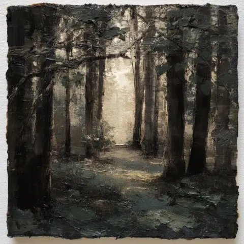 A painting of a deep dark pine forest. There are leaves and branches in the foreground that frame th