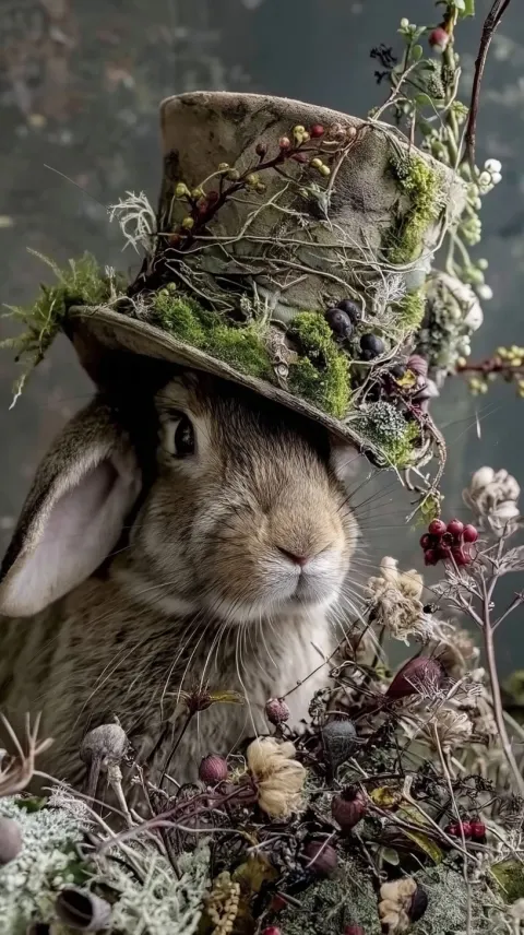 A highly detailed editorial photograph of a realistic woodland rabbit wearing an aged