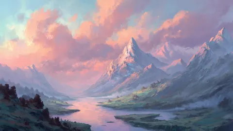 A fantasy landscape in pastel colors, mountains, water