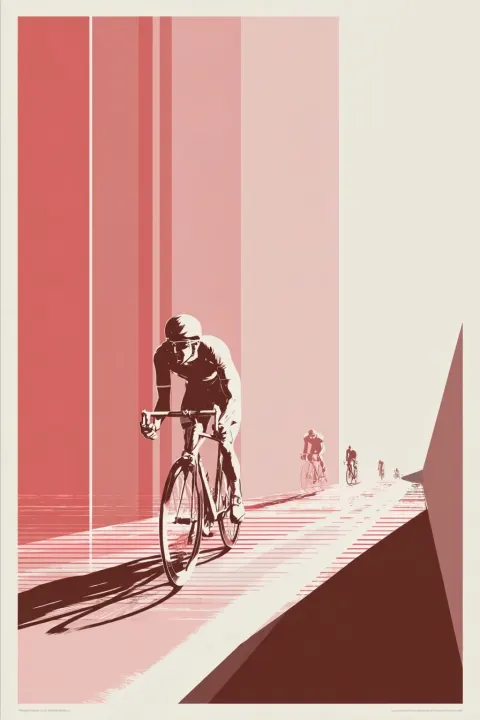 Retro modernist cycling poster inspired by 1970s european design, clean geometric composition