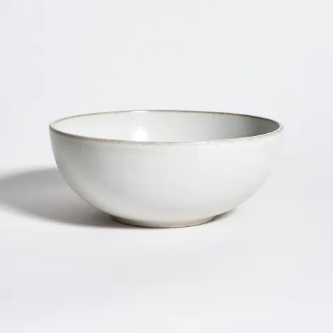 A strict front view of an unwashed white ceramic bowl, white background
