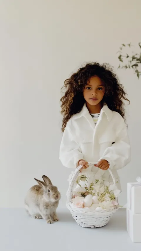 Girl presenting an elegant easter basket with flowers and eggs as a gift, bunny nearby