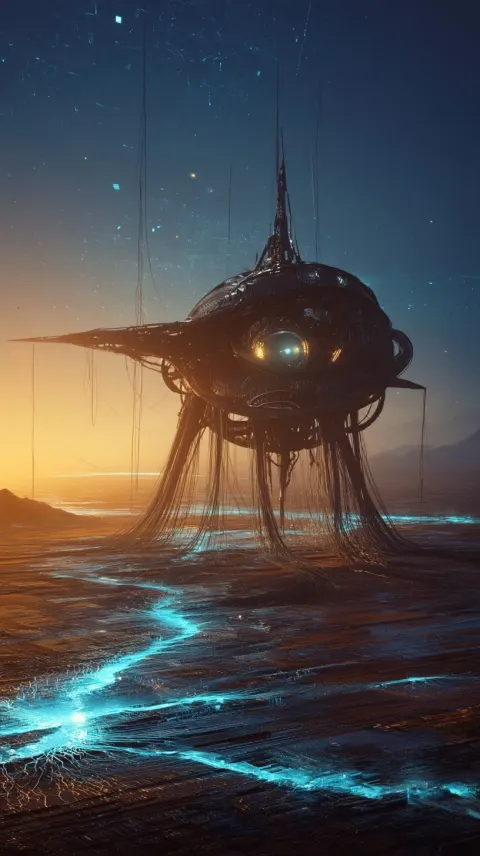 A hyper-detailed surreal 3D gigantic biomechanical structure drifts across an endless desert of data