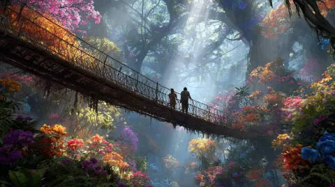 Hyper realistic photo of people walking on an aerial walkway in a colorful