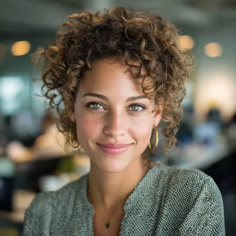 A front on headshot of a smiling mixed race business woman with light green eyes in the office