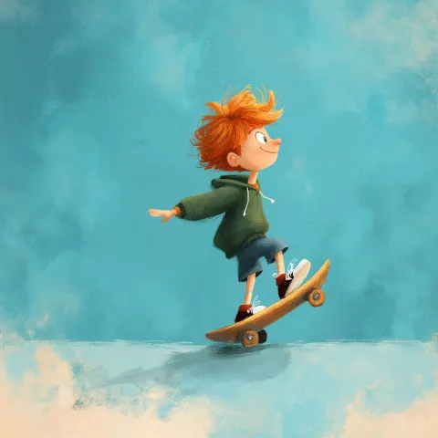 Red haired 6 year old boy riding a skateboard, storybook illustration 