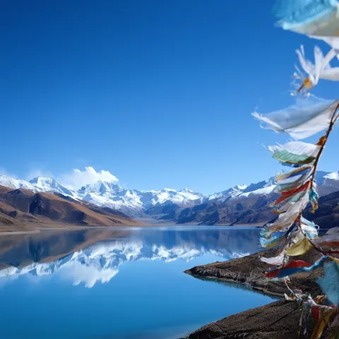 Tibetan Sacred Lake Under a Blue Sky
