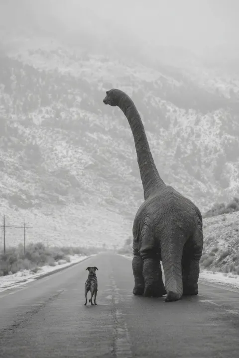 A black-and-white photograph of an adult brontosaurus walking down the road