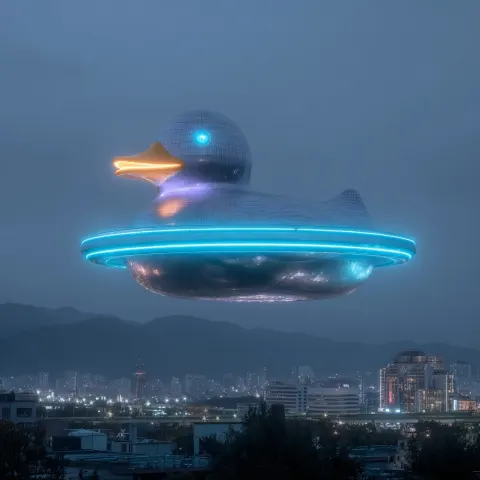 A floating metallic gray and neon blue rubber duck shaped gigantic mothership floating over a city