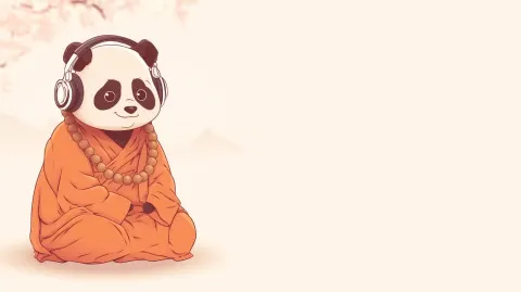 A kawaii adult panda character wearing over-ear headphones and an orange monk robe with wooden praye