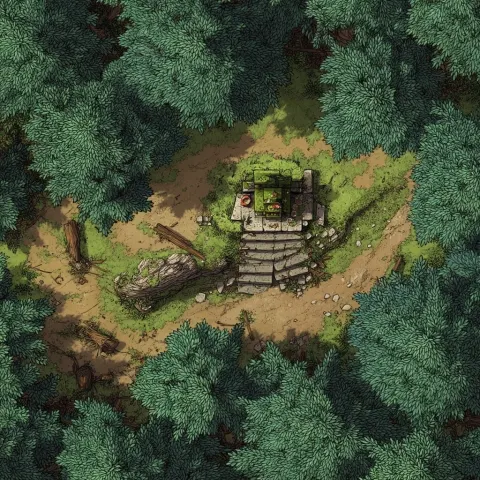 Abandoned roadside shrine in dense pine forest, broken stone steps, mossy altar