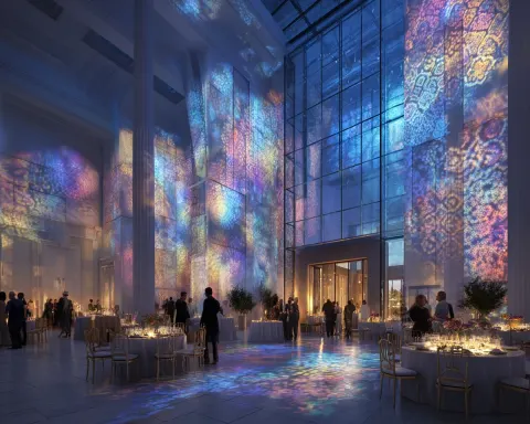 A photorealistic image of a big square room inside a museum, high ceiling