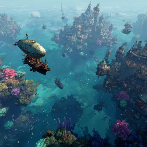 A water world with 1700s steampunk vibes. Floating towns tied together, airships
