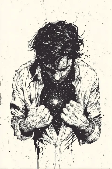 A surreal black ink illustration of a man tearing open his chest like a curtain