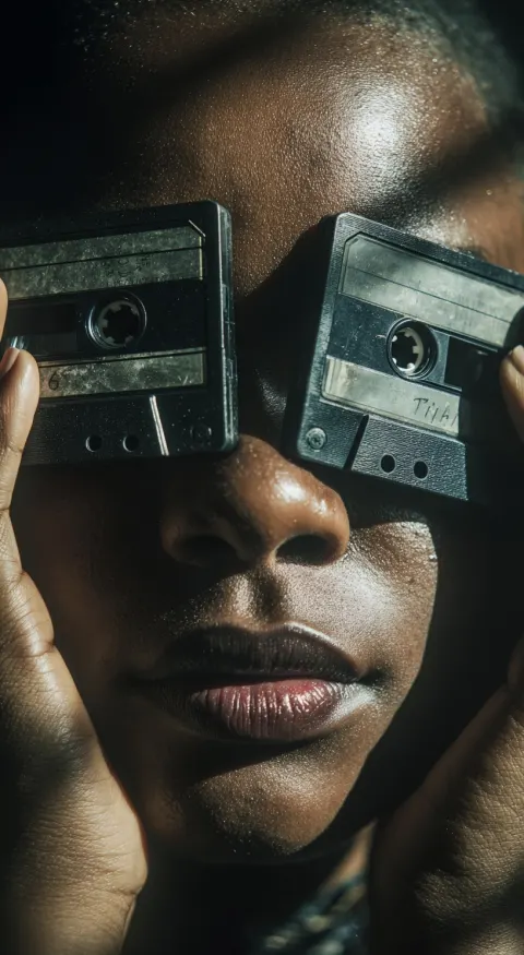 A woman covers her eyes with two audio cassettes. the cassettes have black plastic and are held in f