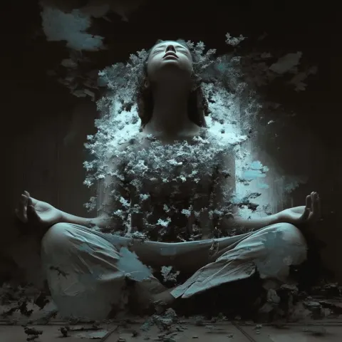 Fractal intelligence seated with legs folded inward, knees angled outward