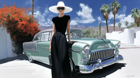 Sea Mist Green 1955 Chevy with a woman standing in front of it