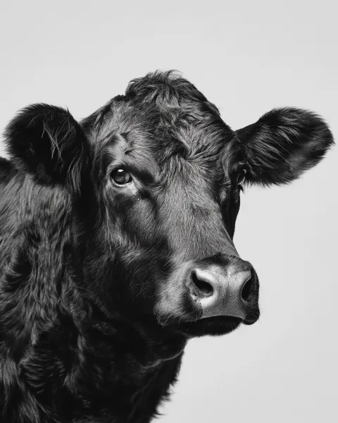 Black and white close-up portrait of a cow, slightly turned head (3/4 angle)