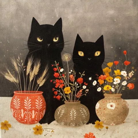 Chats, pots de fleurs, blés, painting style