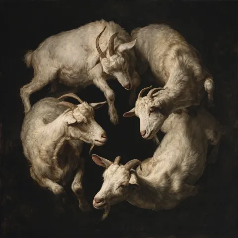 Five goats intertwined in a symmetrical composition, forming an organic loop