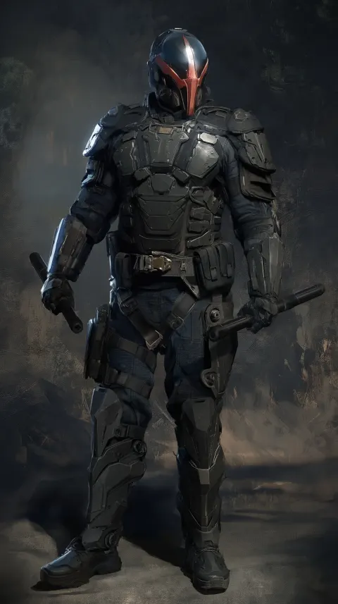 Full body shot, enforcer Vance, full tactical armor, gravity batons in hand, masked face