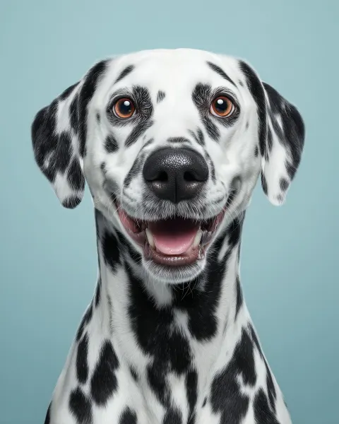 Happy Dalmatian dog portrait, close-up, friendly expression, slightly open mouth, bright eyes