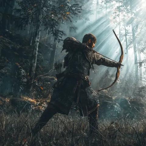 Medieval combat environment, light archer warrior, recoiling bow